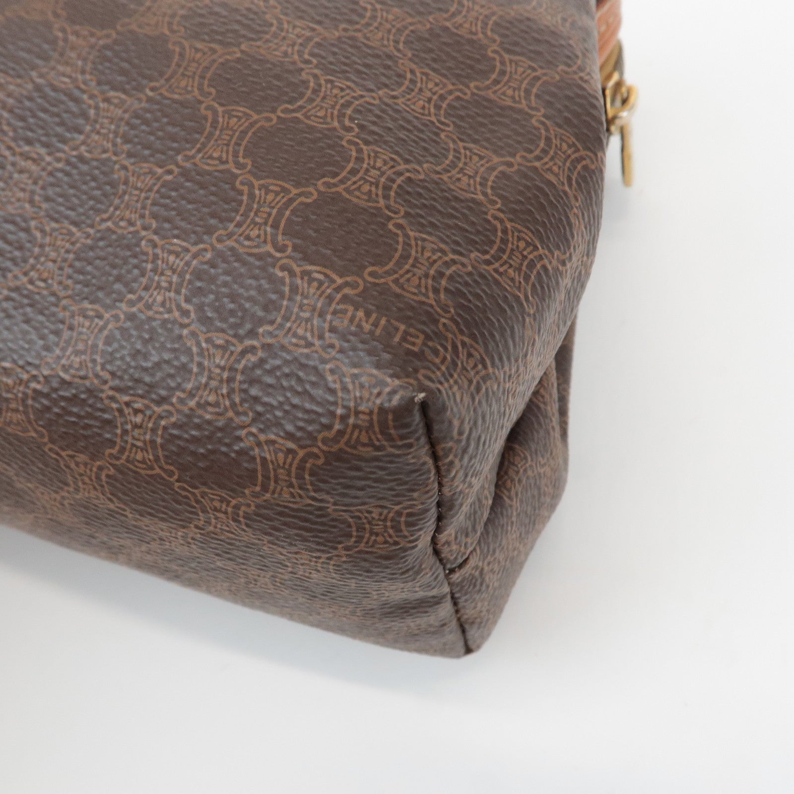 CELINE Macadam PVC Leather Canvas Pouch Brown Gold Hardware