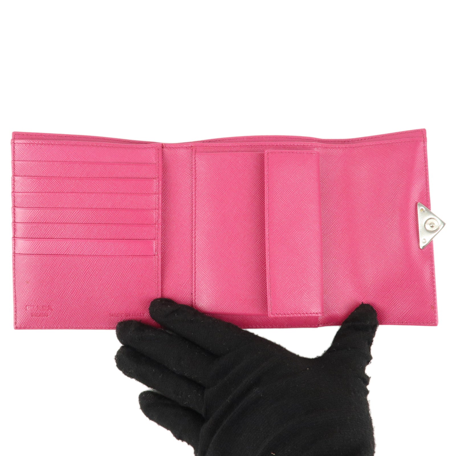 PRADA Triangle Logo Nylon Saffiano Leather Tri-Fold Wallet Pink 1M0170 Used