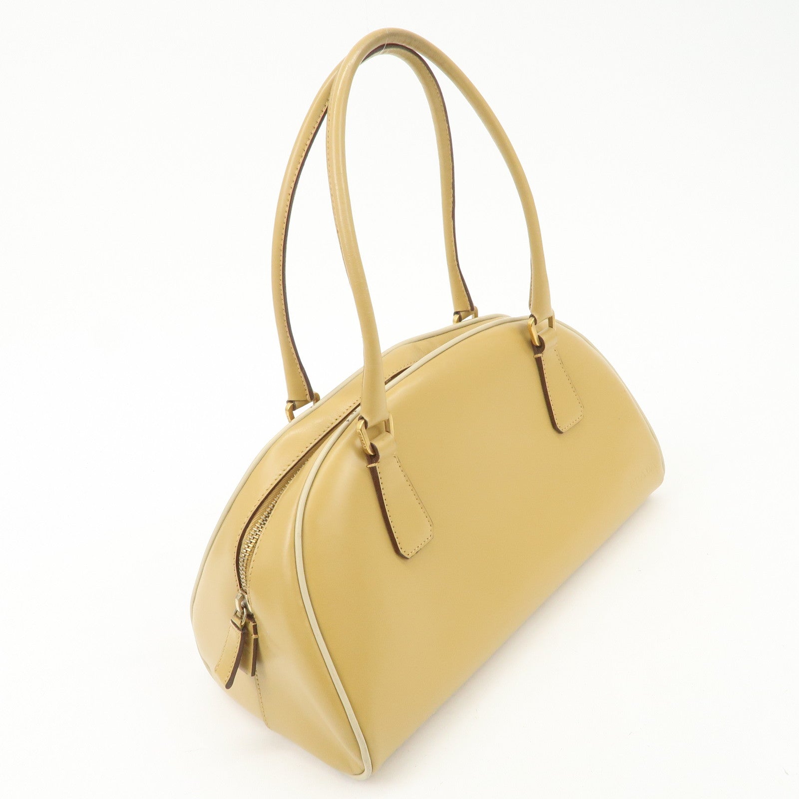 PRADA Leather Bowling Bag Boston Bag Hand Bag Gold HDW Beige