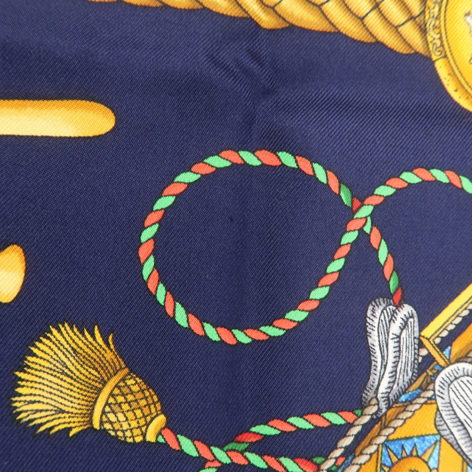 HERMES Carre 90 Silk 100% LES TAMBOURS Scarf Navy Gold