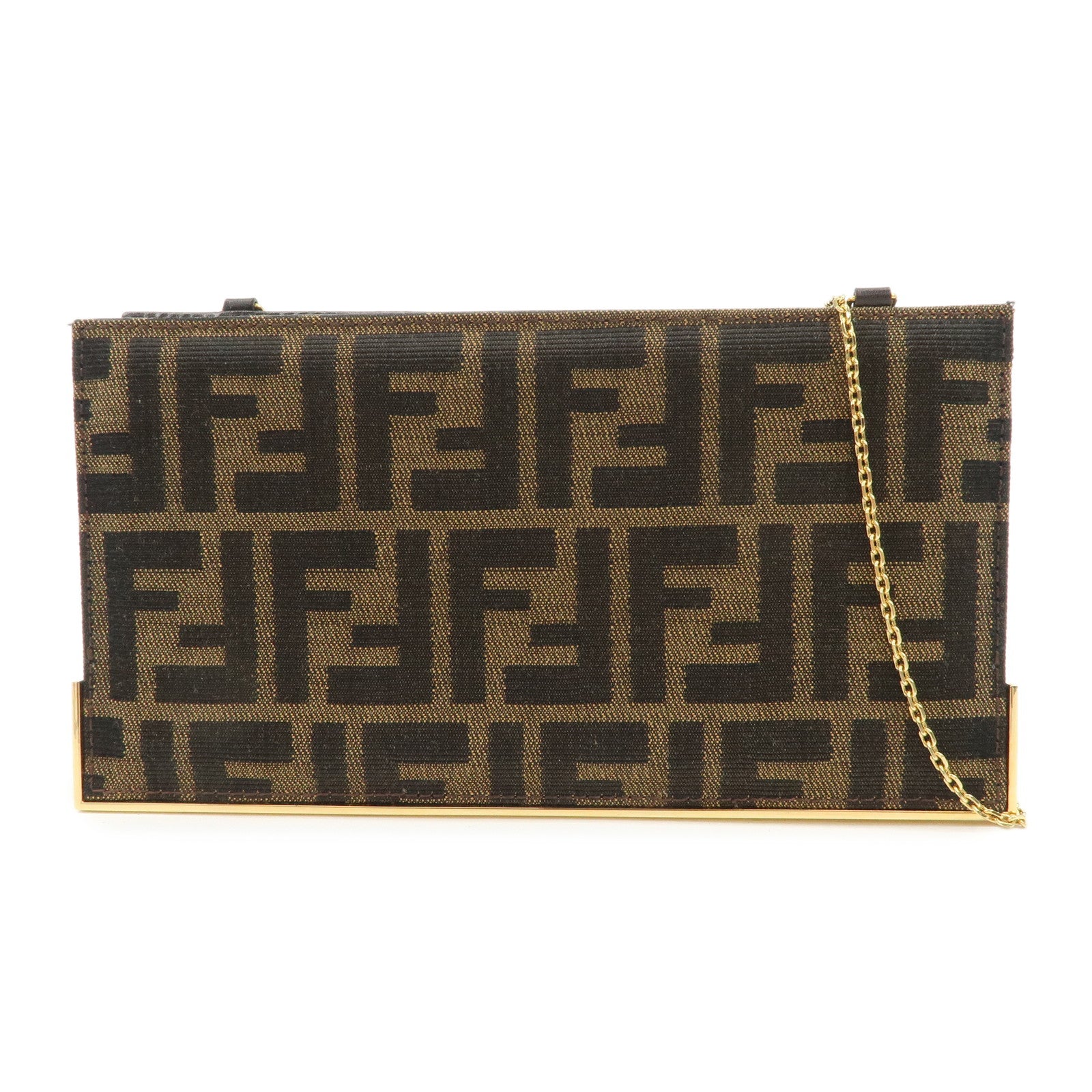 FENDI Zucca Leather Canvas Chain Shoulder Bag Brown