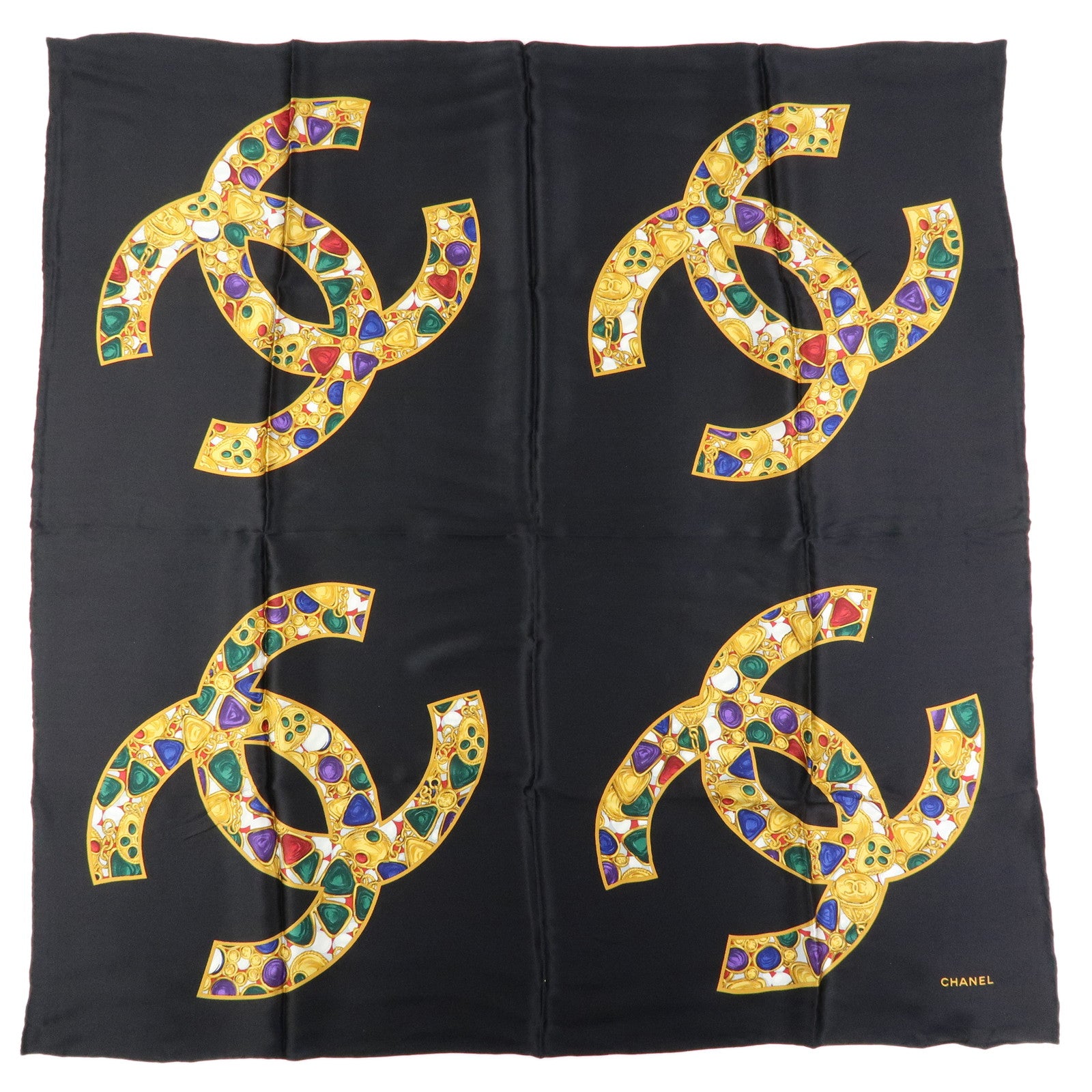 CHANEL COCO Mark Jewelry Silk 100% Scarf Black Yellow Multicolor