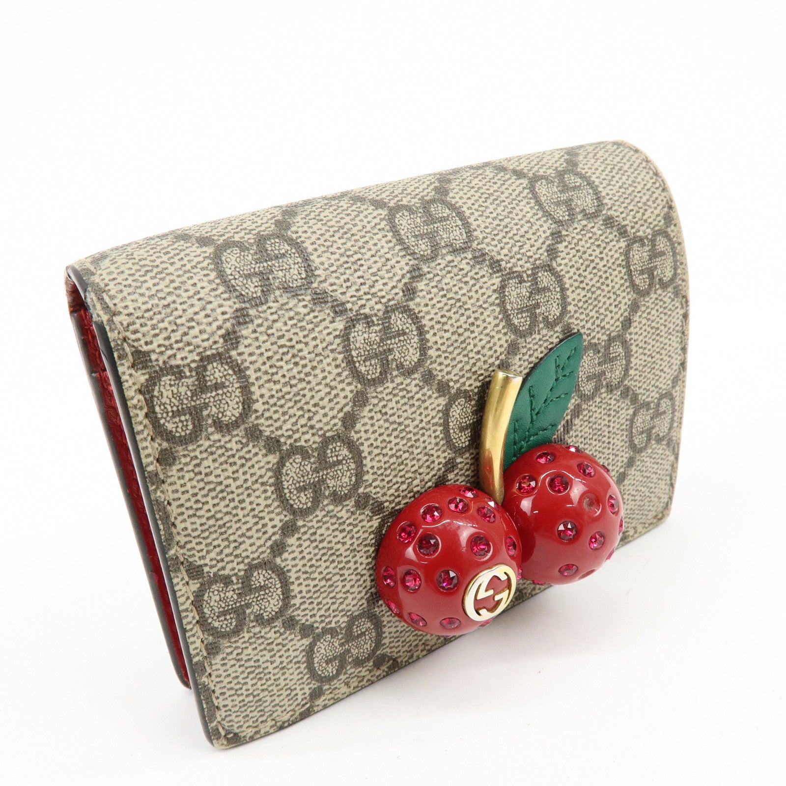 GUCCI Interlocking G GG Supreme Cherry Compact Wallet Beige 476050