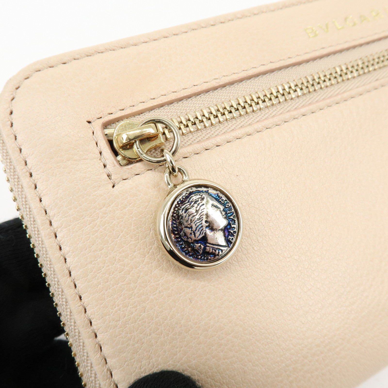 BVLGARI Logo Leather Round Zippy Long Wallet Pink Beige