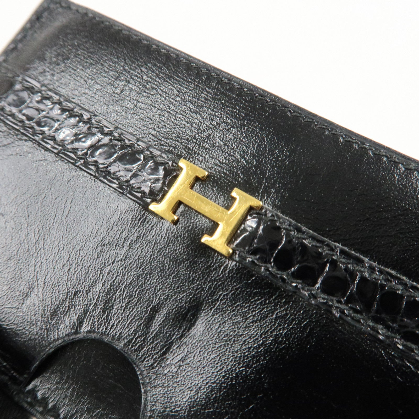 HERMES Leather □T Stamped Card Case Balck Gold Used