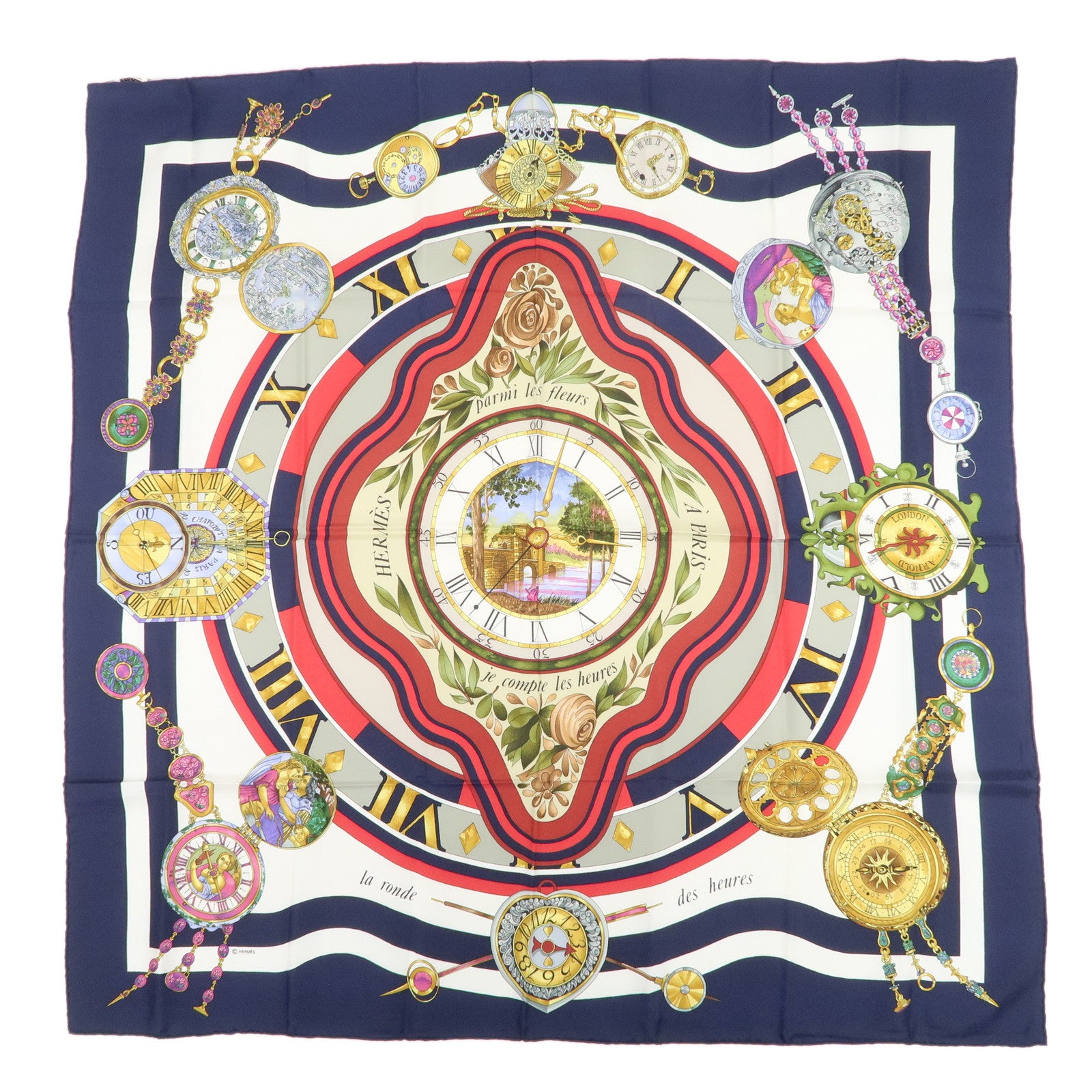 HERMES Carre 90 Silk 100% Scarf Clock Print Navy White Multicolor