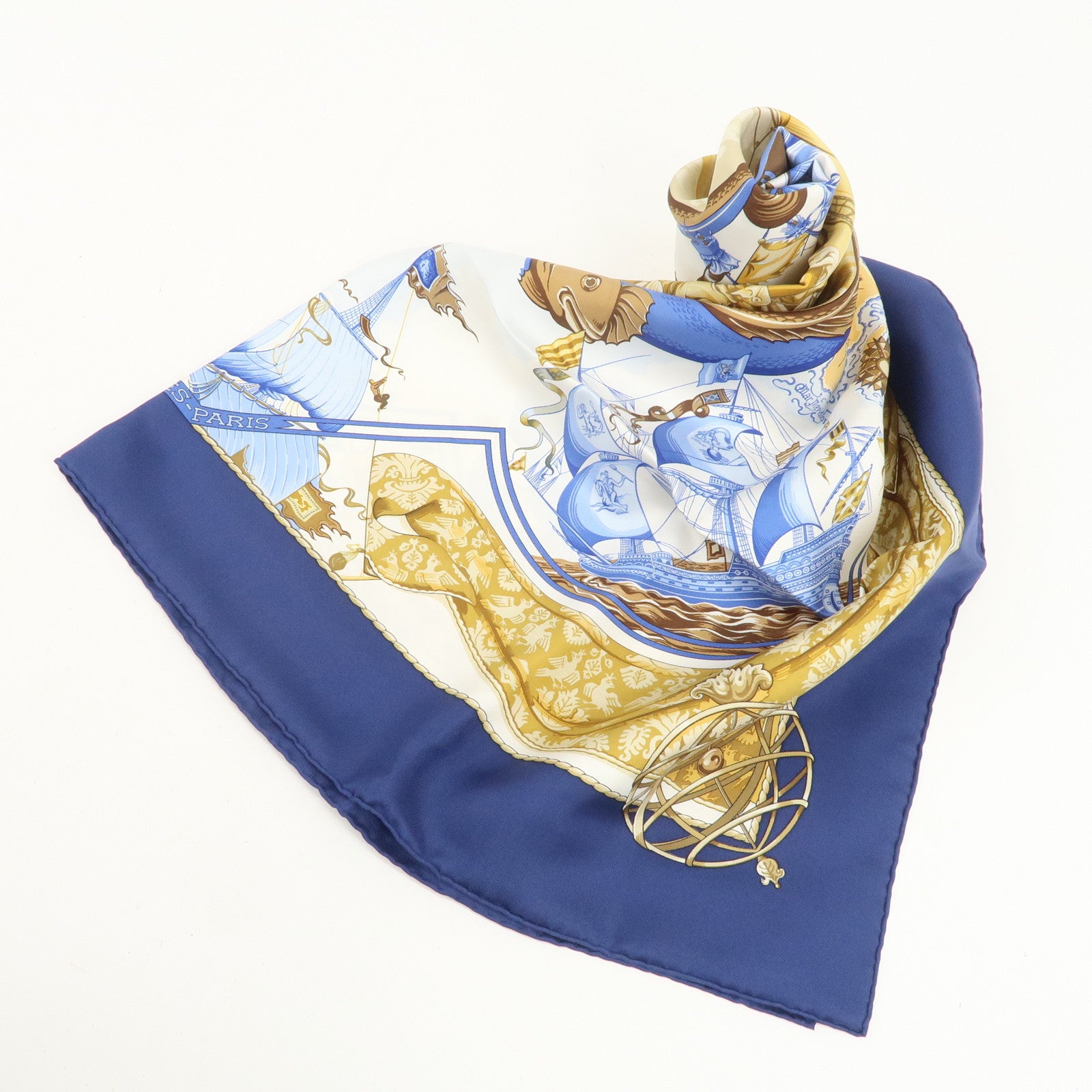 HERMES Carre 90 Silk 100% Scarf Au-dela des cinq mers Navy White