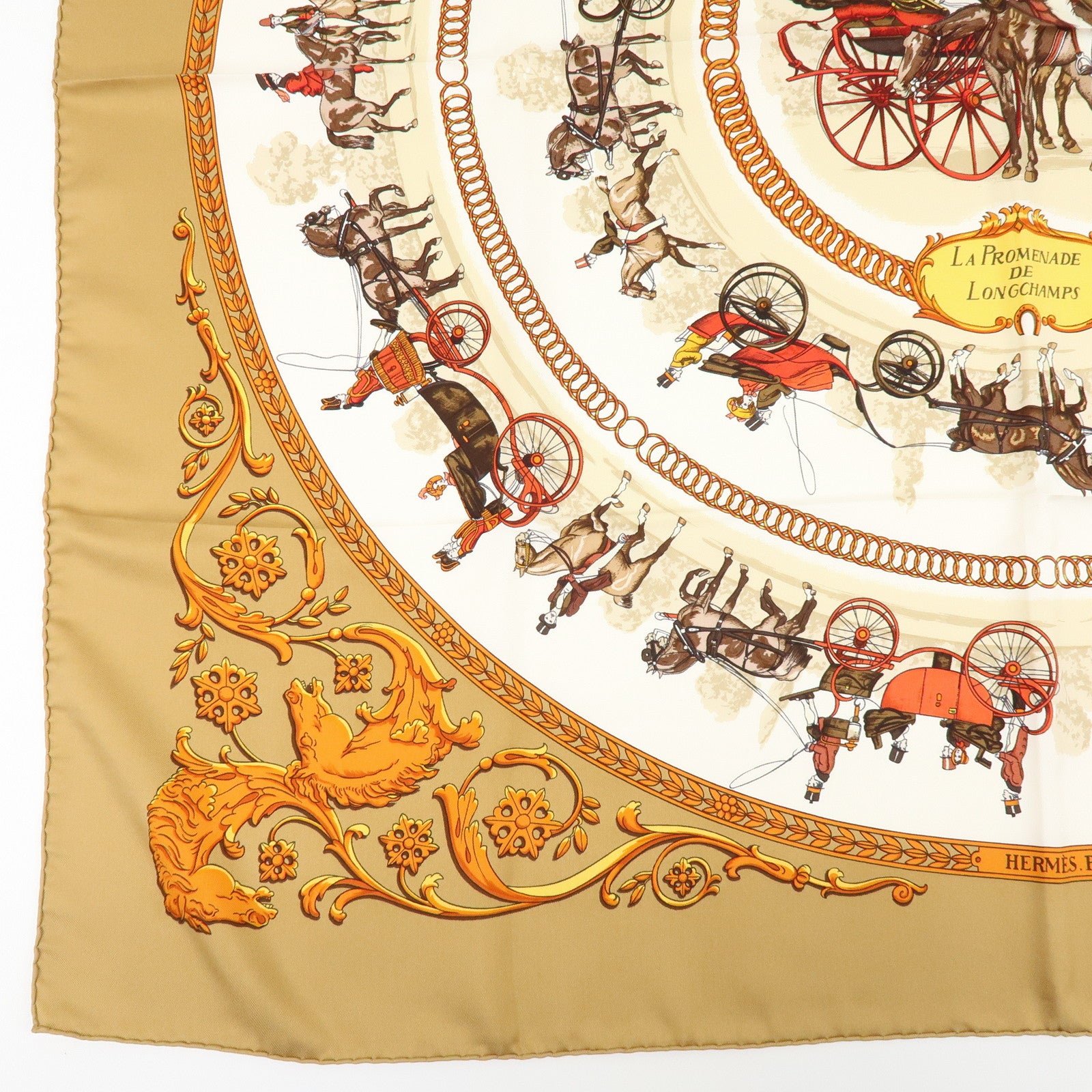 HERMES Carre 90 Silk 100% Scarf LA PROMENADE DE LONGCHAMPS Brown