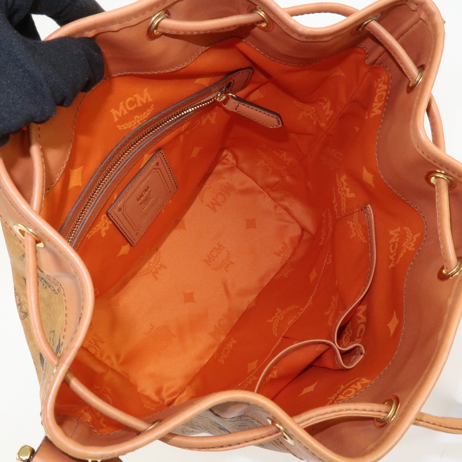 MCM Visetos Leather Bucket Bag Shoulder Bag Drawstring Brown