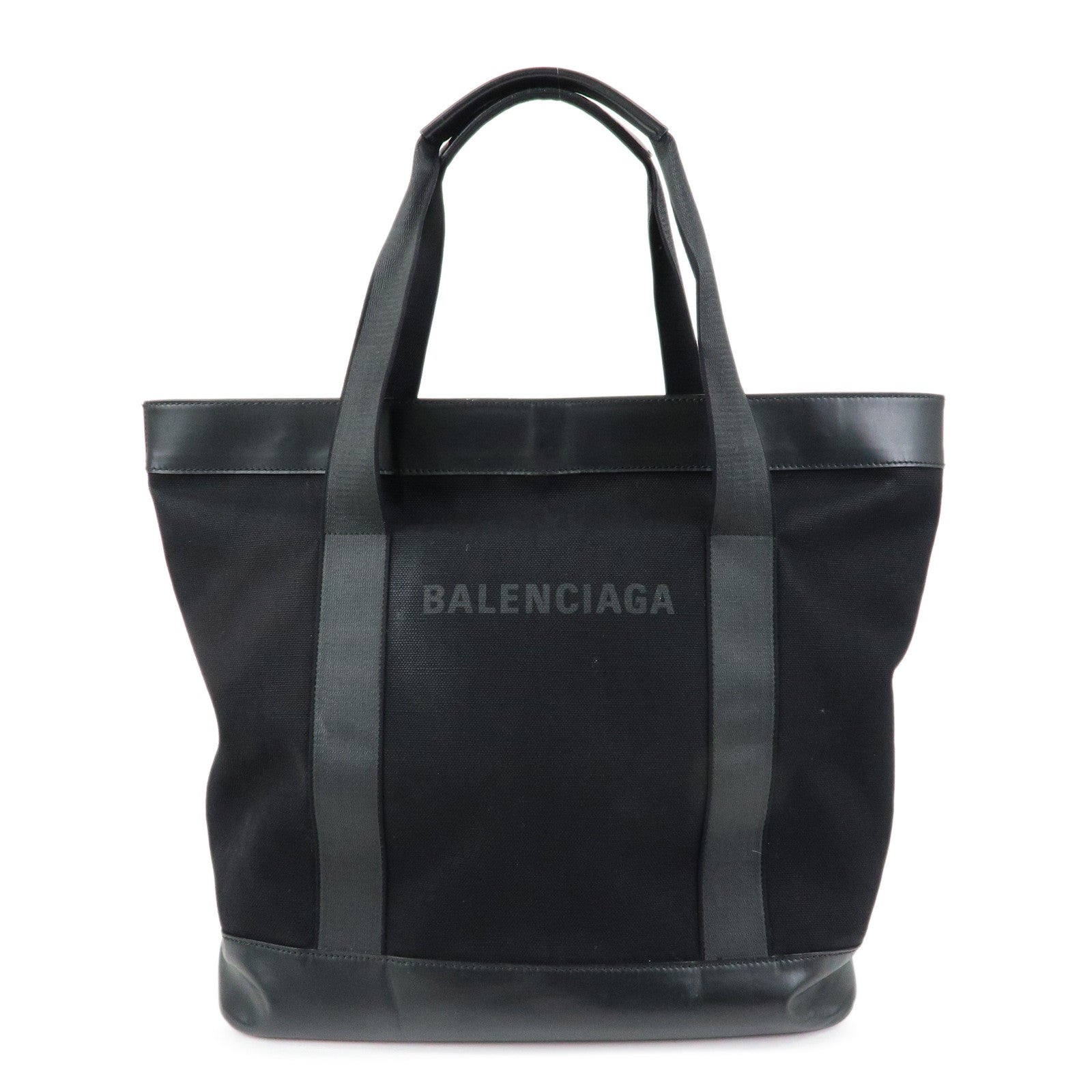 BALENCIAGA Navy Tote Canvas Leather Tote Bag Hand Bag Black 374767
