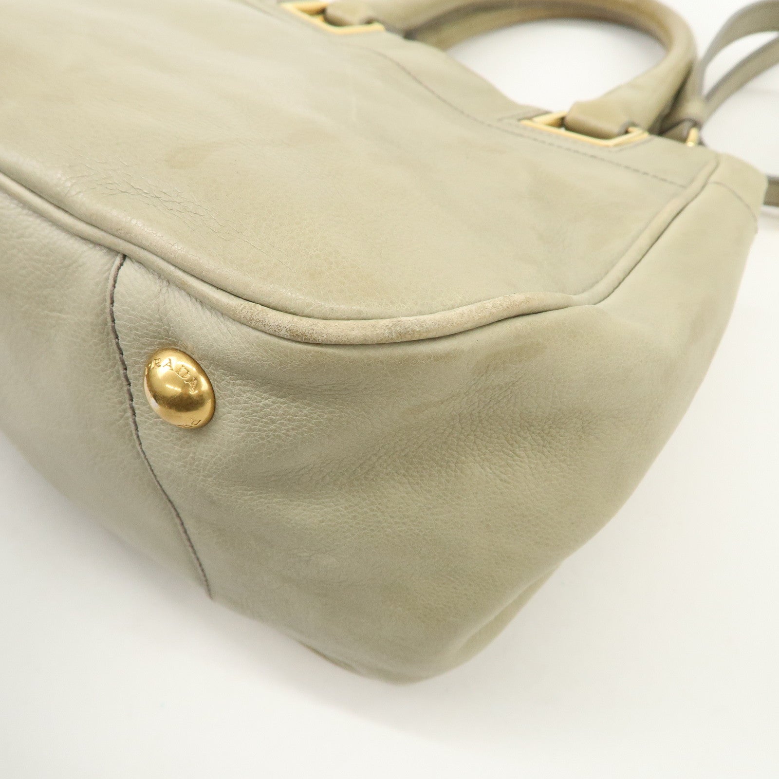 PRADA Logo Ribon Leather 2WAY Tote Bag Hand Bag Beige Gold HDW BN2245 Used