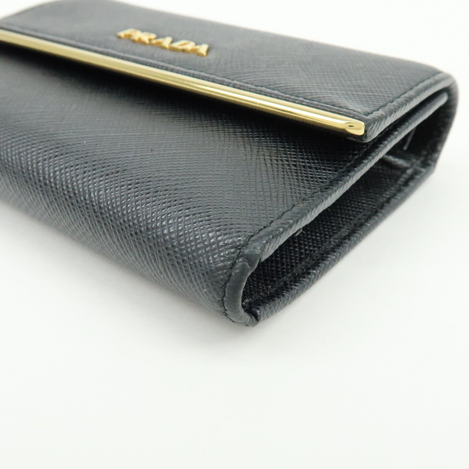 PRADA Saffiano Leather Bi-fold Compact Wallet Black Gold 1MH840