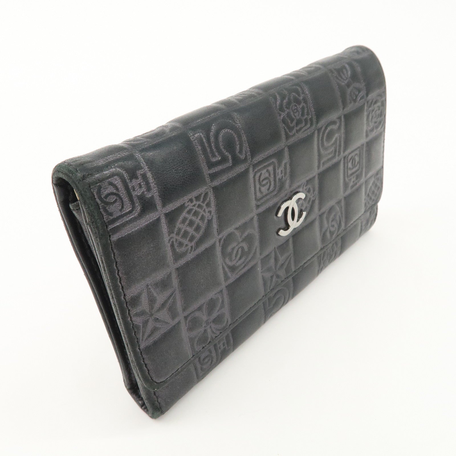 CHANEL Icon Line COCO Mark Lamb Skin Bi-fold Wallet Black Used
