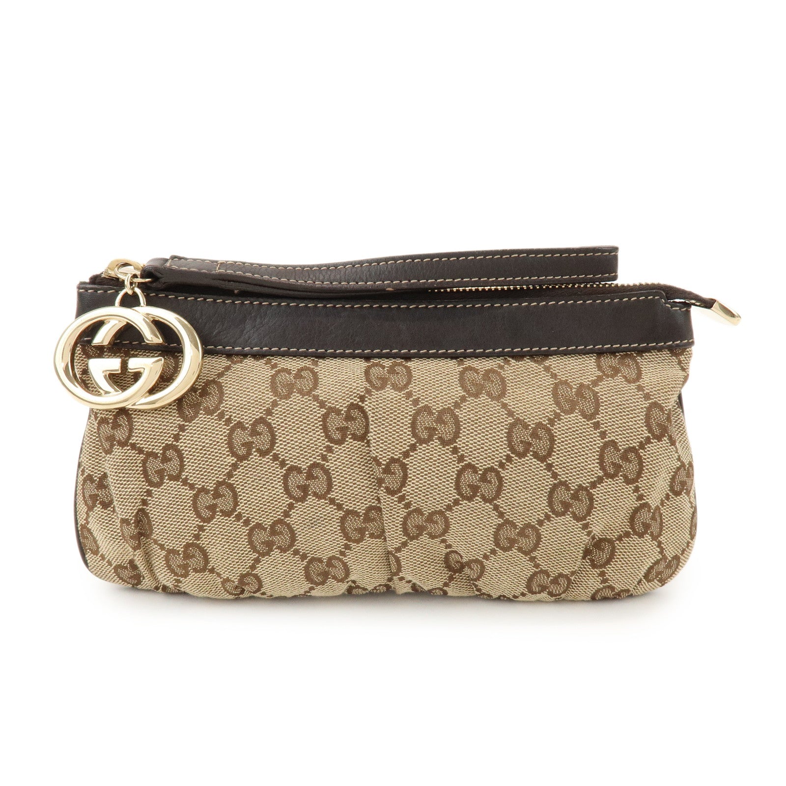GUCCI Interlocking G GG Canvas Leather Pouch Wristlet Bag 212203