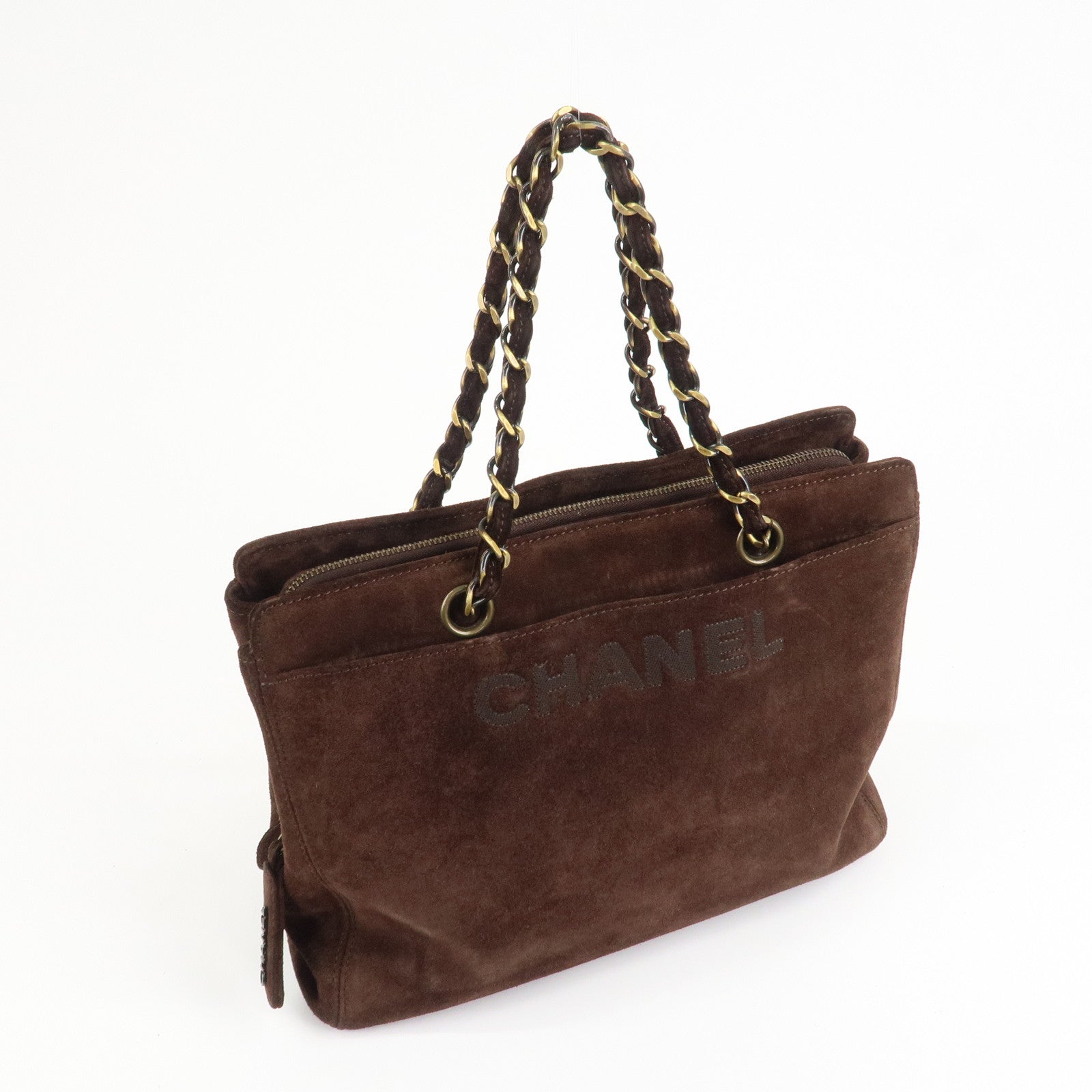 CHANEL Logo Suede Chain Tote Bag Shoulder Bag Brown