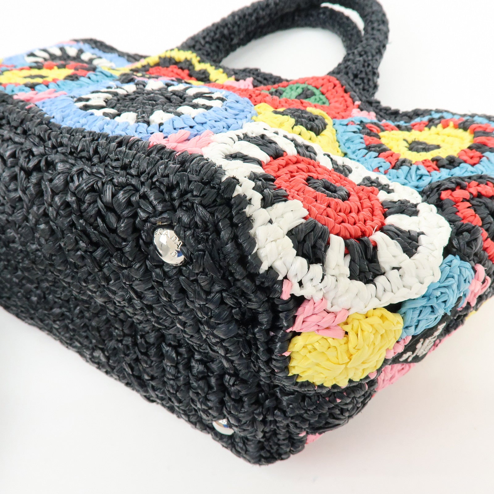 PRADA Triangle Logo Raffia 2Way Hand Bag Black Multicolor 1BG889