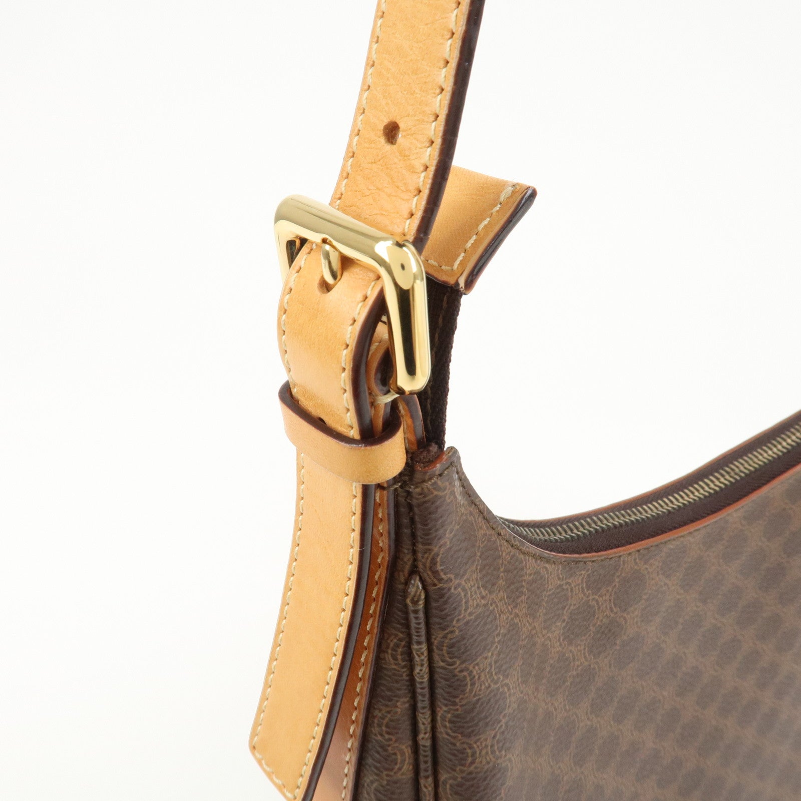 CELINE Macadam PVC Coating Canvas Leather Shoulder Bag Brown