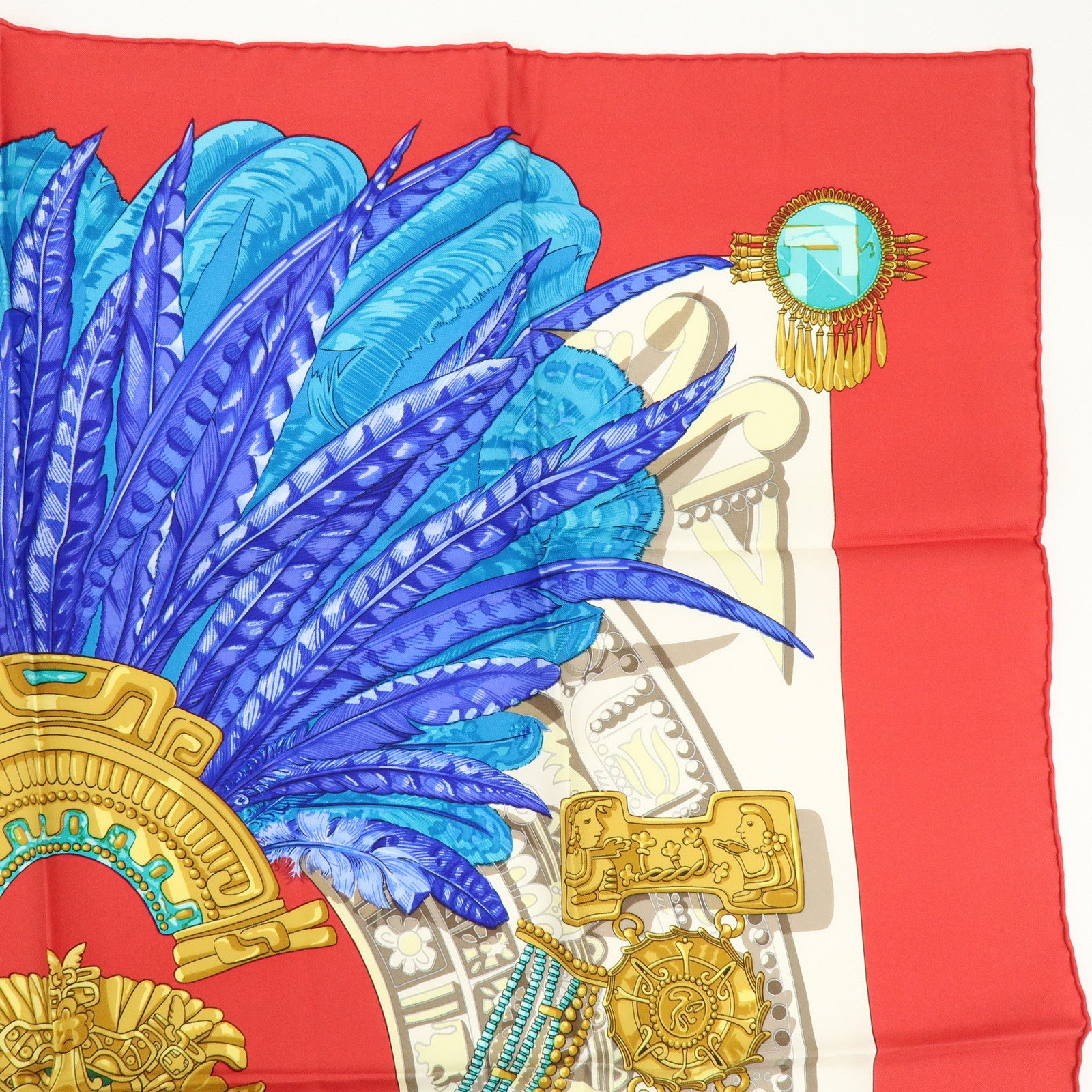 HERMES Carre 90 Silk 100% Scarf MEXIQUE Red Gold Blue