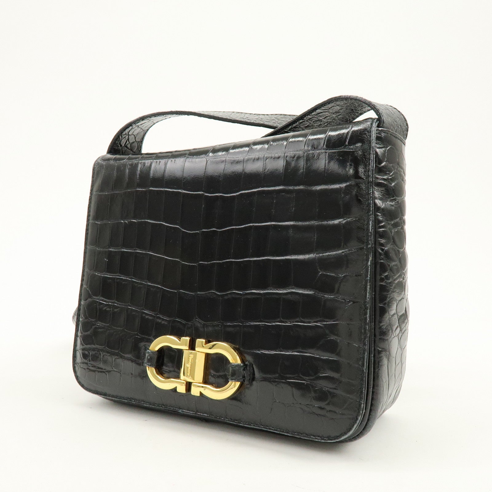 Ferragamo Gancini Embossed Leather Shoulder Bag Crossbody Bag Black