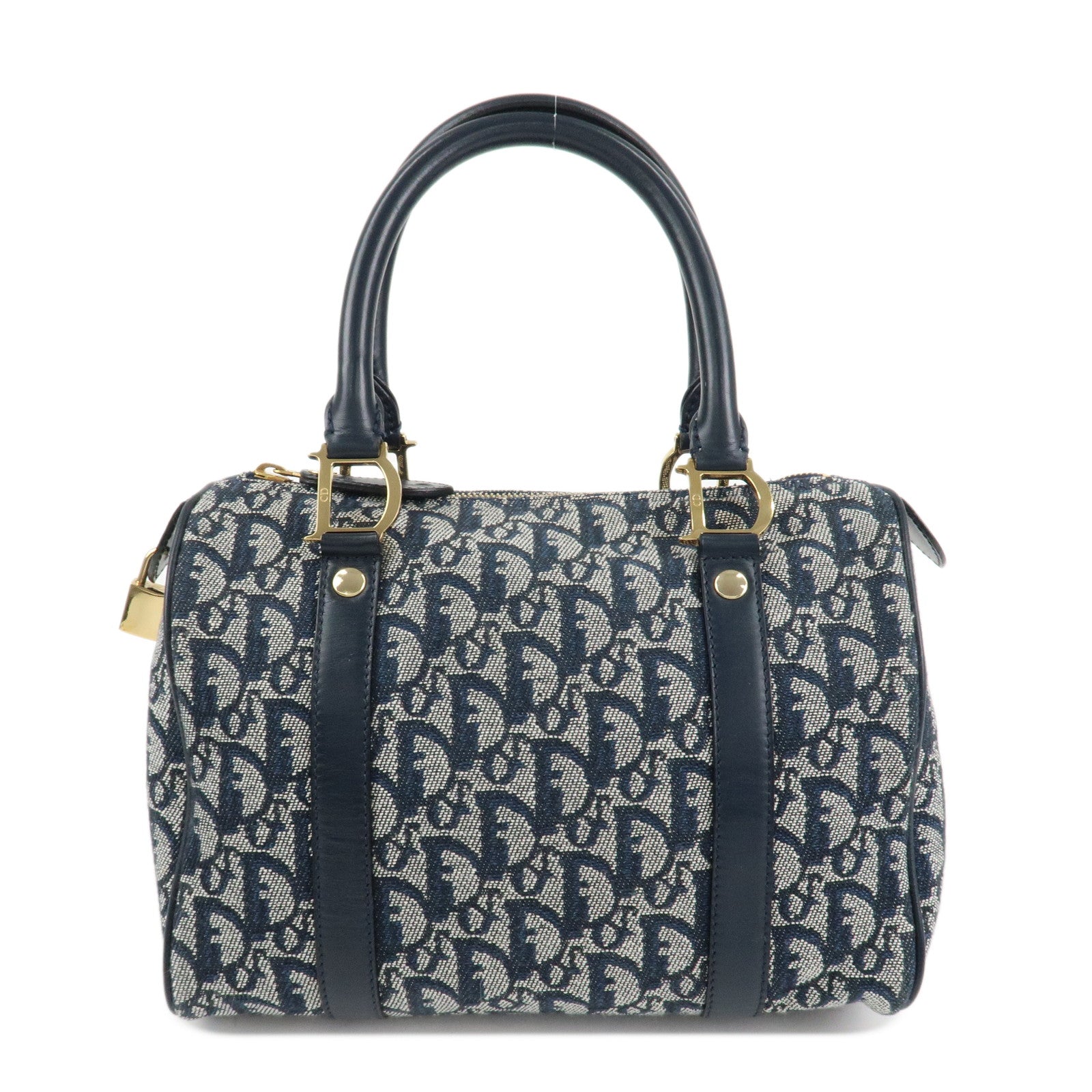 Christian Dior Trotter Leather Canvas Boston Bag Navy White Used
