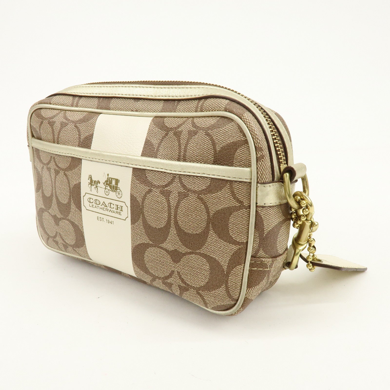 COACH Signature PVC Coated Canvas Leather Shoulder Bag Beige Gold