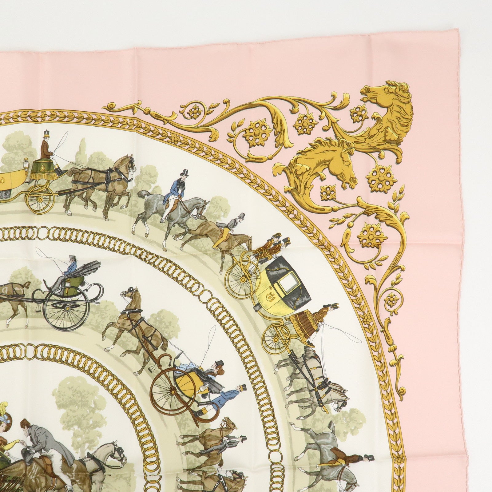HERMES Carre 90 Silk 100% Scarf LA PROMENADE DE LONGCHAMPS White