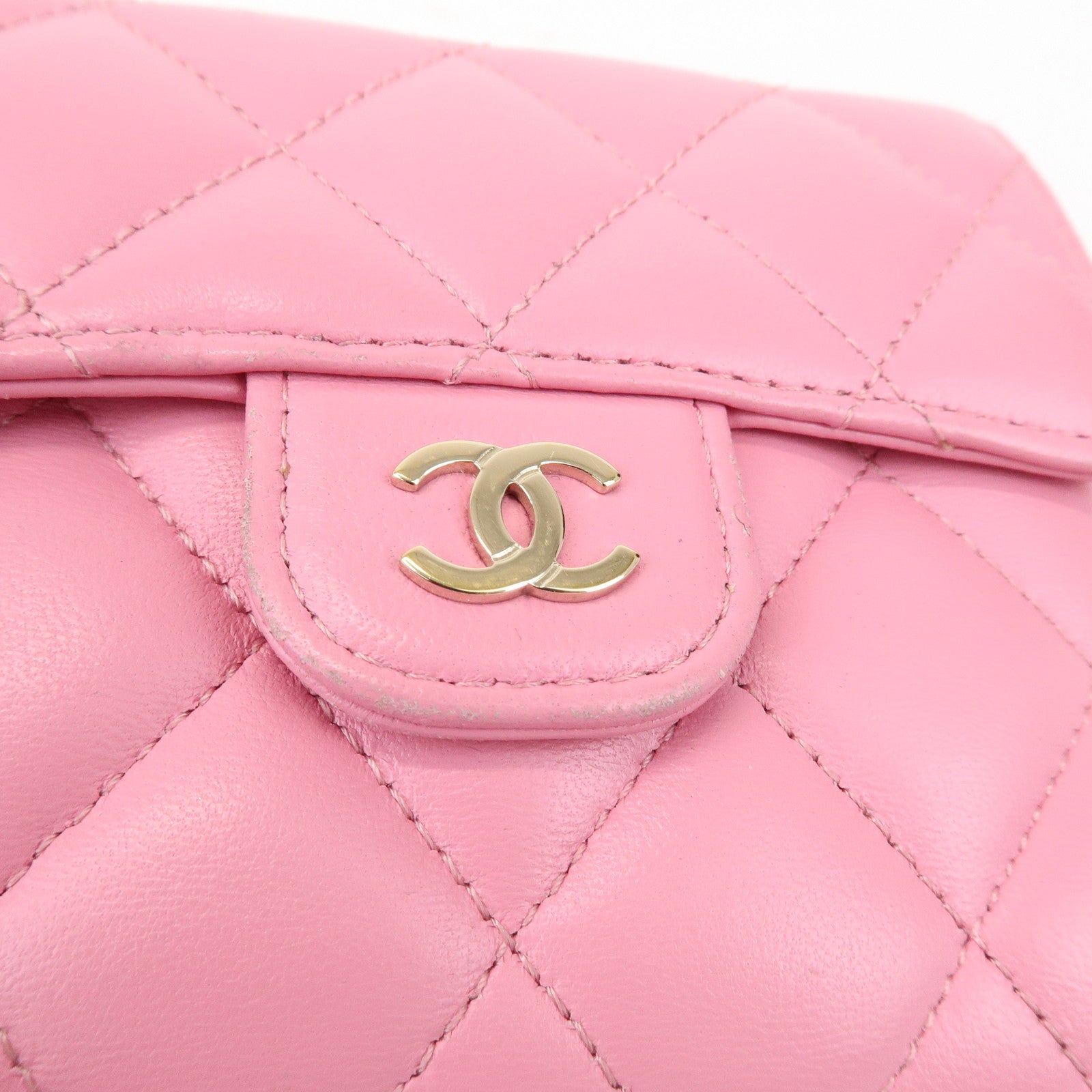 CHANEL Matelasse Lamb Skin Small Tri-Fold Wallet Pink AP0231