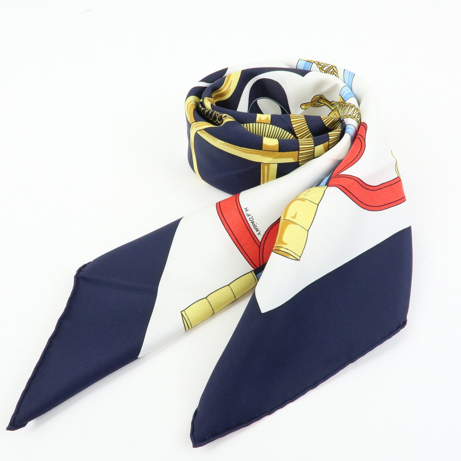 HERMES Carre 90 Silk 100% Scarf Eperon d'or Navy White Yellow Red