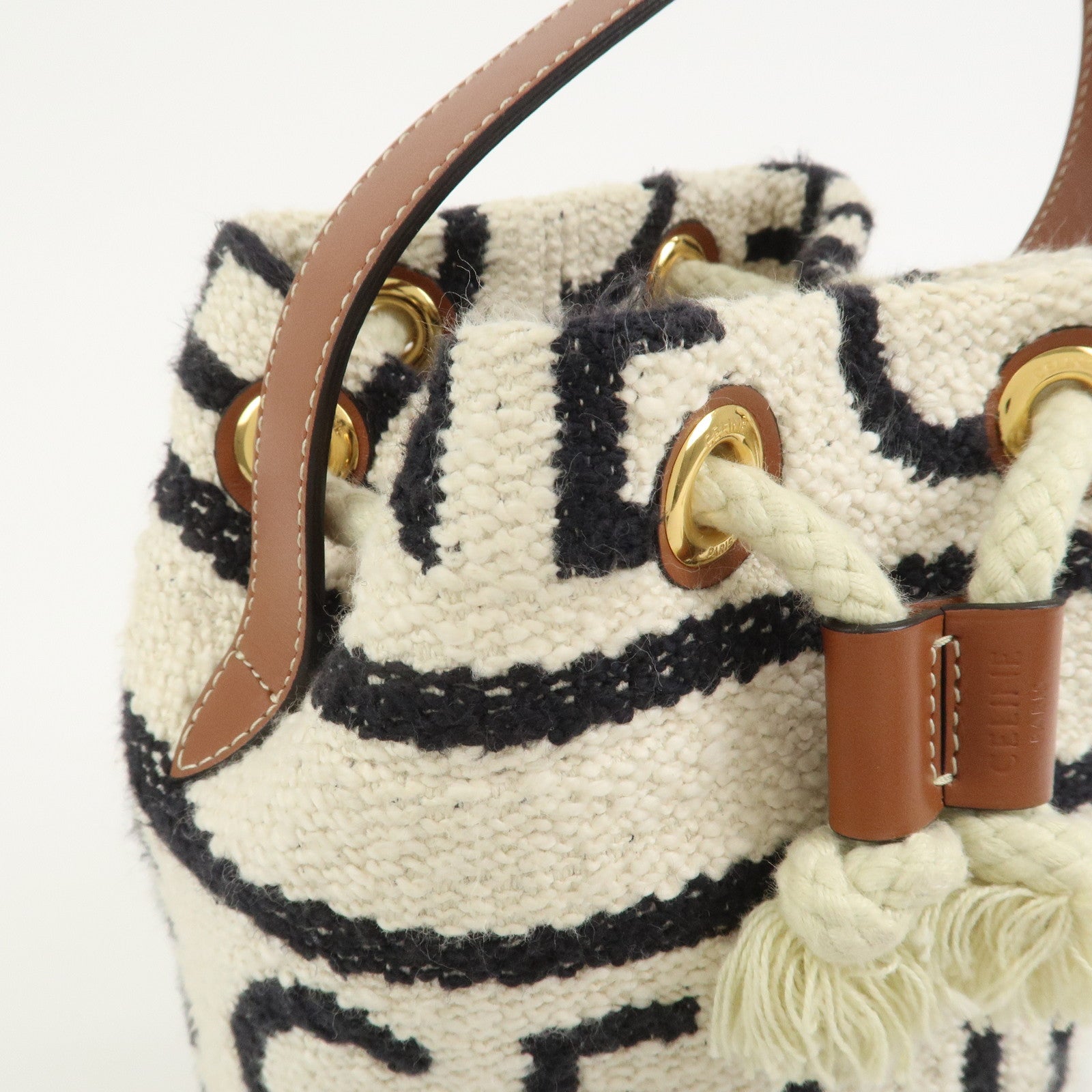 CELINE Teen Drawstring Canvas Leather Hand Bag Natural Brown