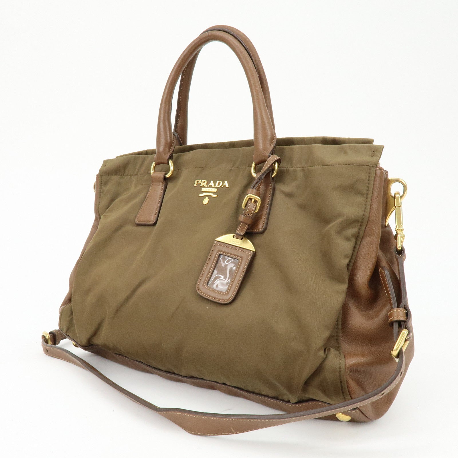 PRADA Triangle Logo Nylon Saffiano Leather 2Way Bag Khaki Brown