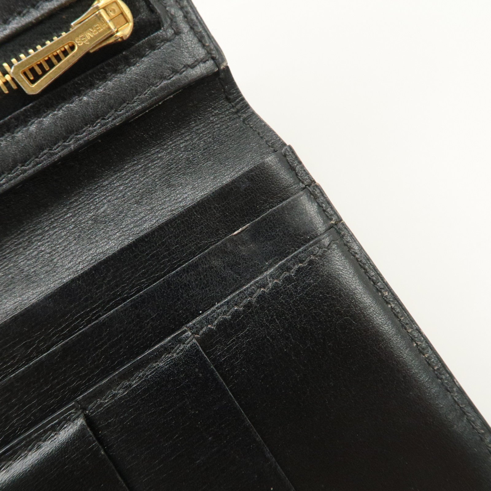 HERMES Bearn Leather Long Wallet H Stamped Black Gold HDW Used