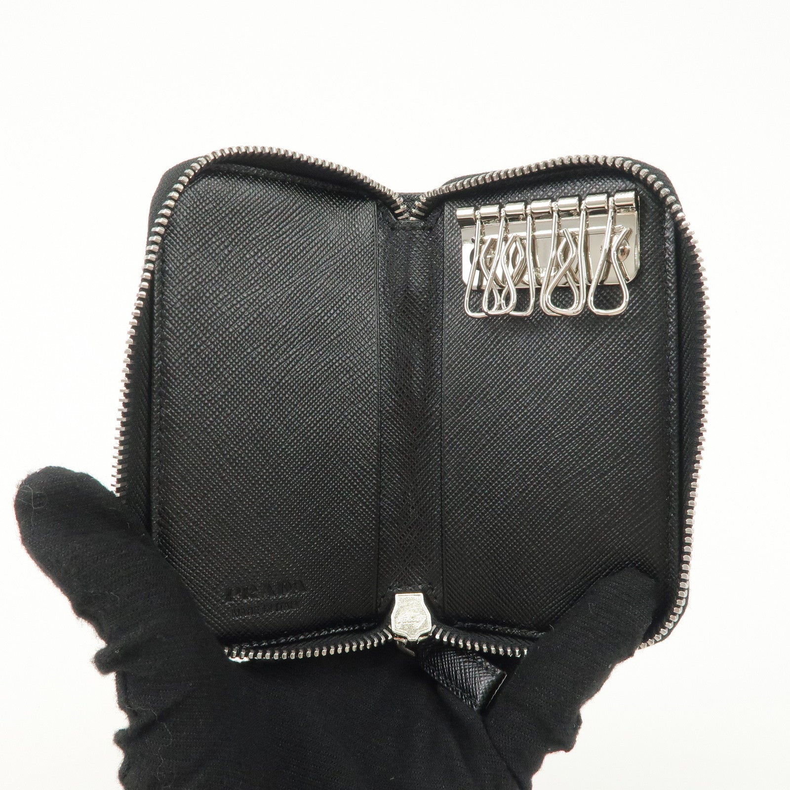 PRADA Saffiano Leather Round Zippy Key Case Black 2PG604 Used
