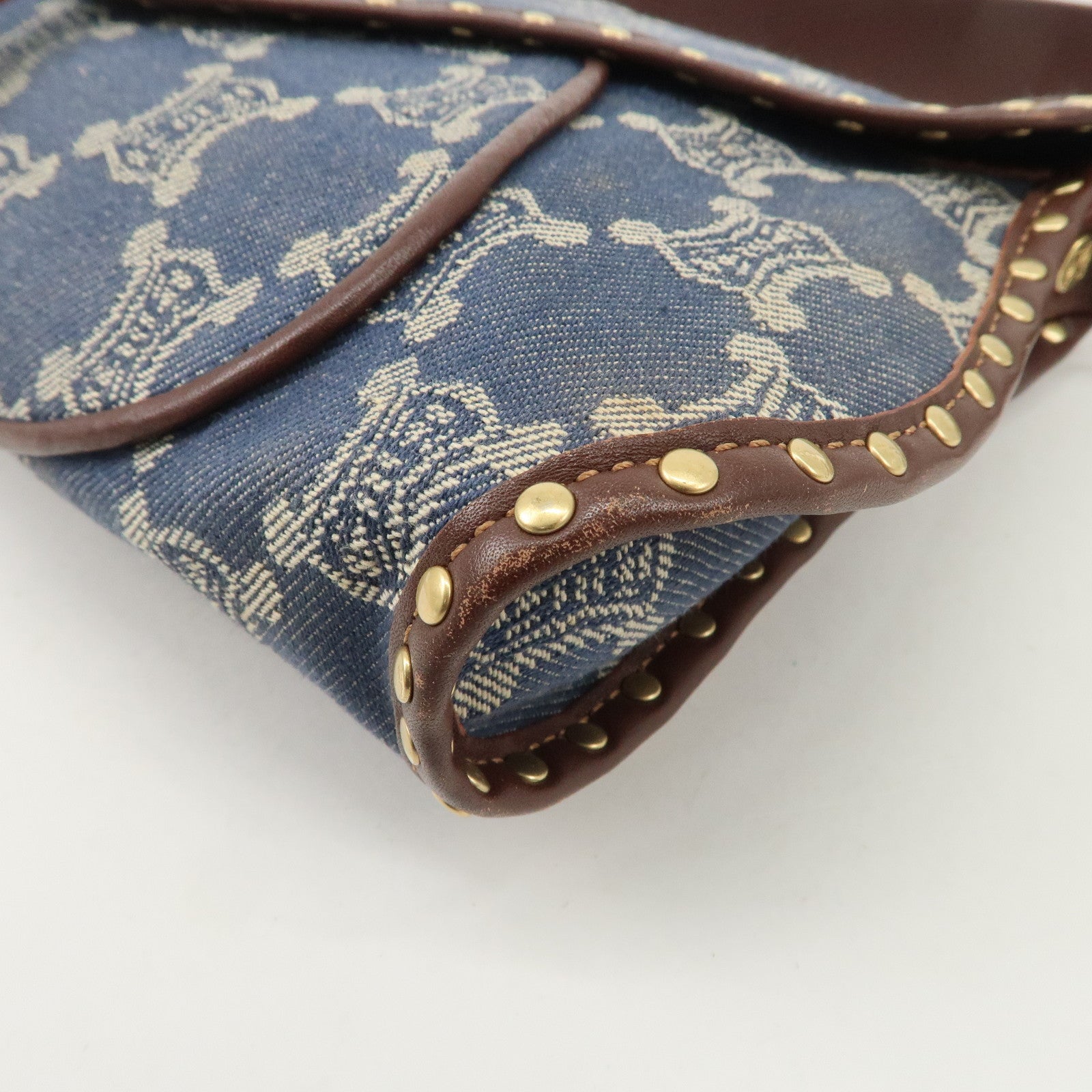 CELINE Macadam Studs Denim Leather Shoulder Bag Dark Brown Navy Used