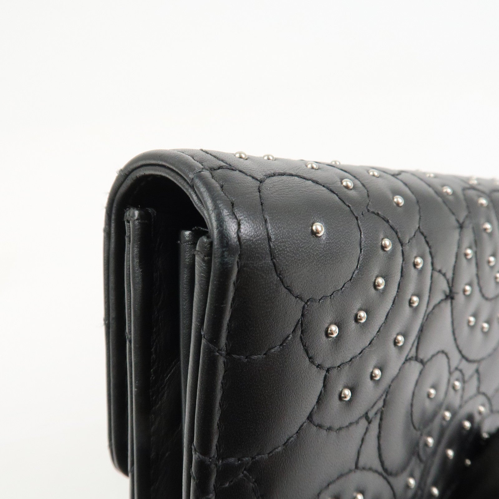 CHANEL Camellia Leather Long Wallet Black Silver Studs A82283