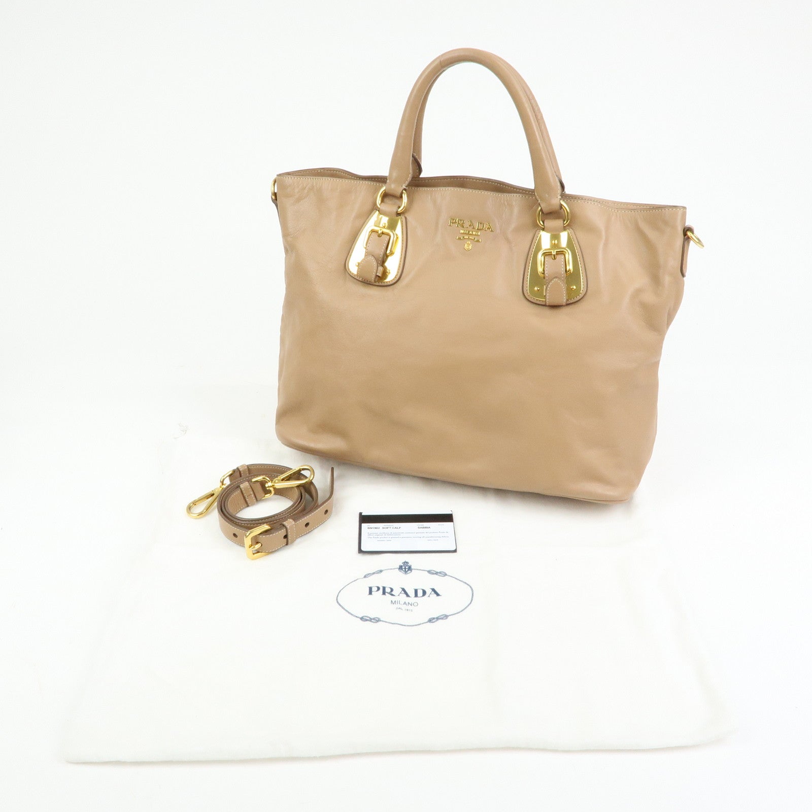 PRADA Soft Calf Leather 2Way Hand Shoulder Bag Light Brown BN1902