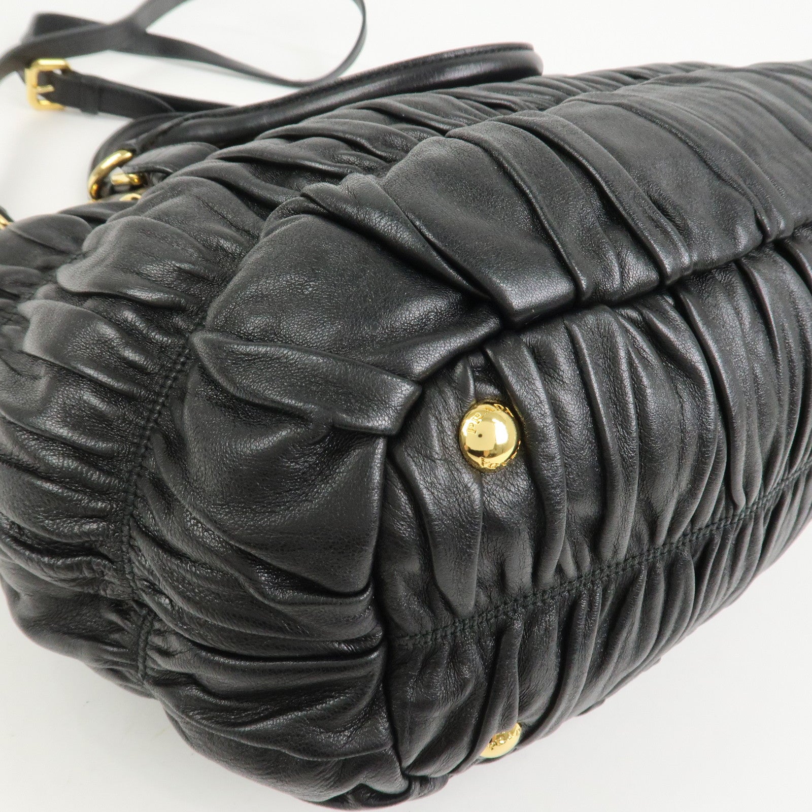 PRADA Leather Gathered 2Way Shoulder Bag Hand Bag Black BN1789