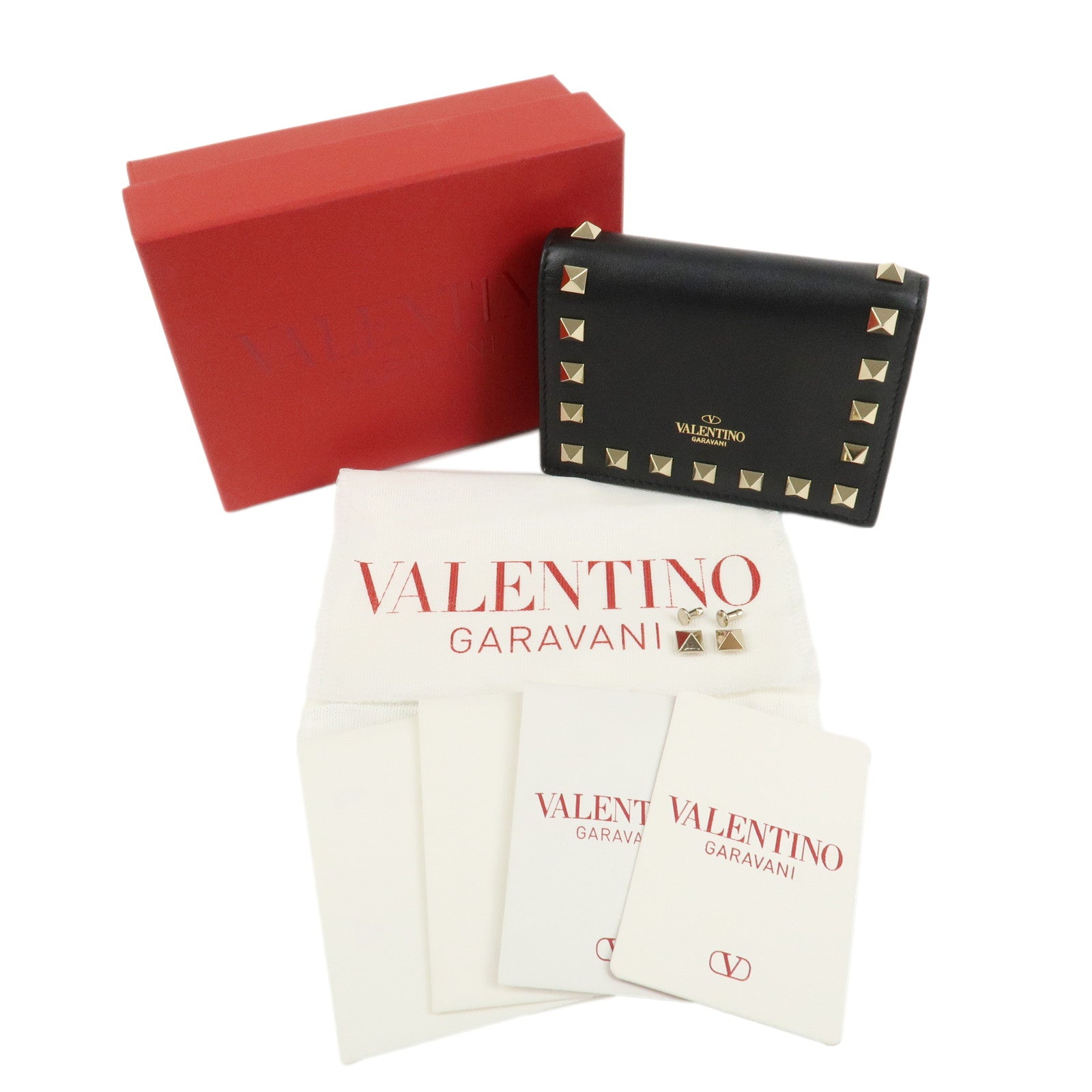 VALENTINO Leather Studs Compact Bi-Fold Wallet Black Gold