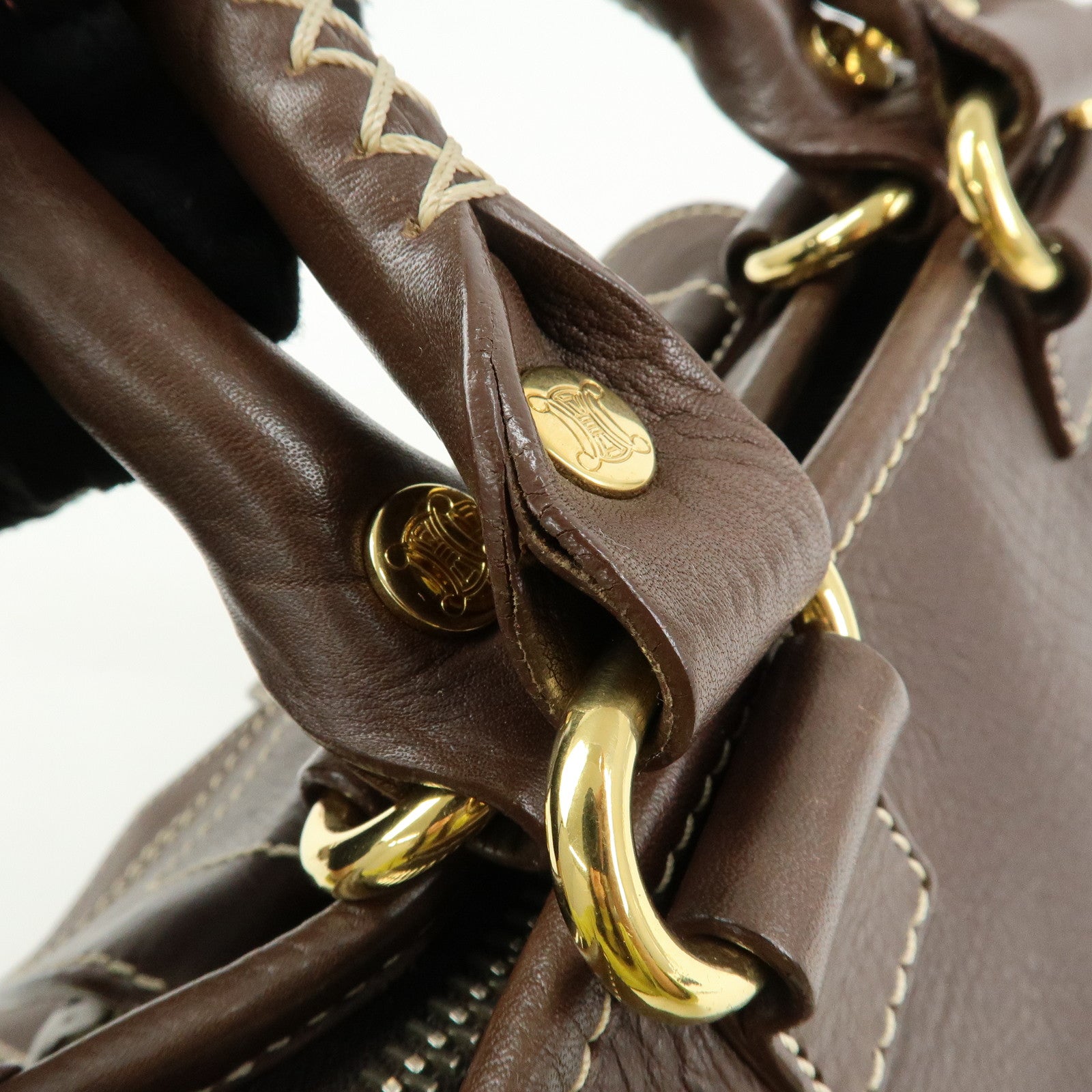 CELINE Logo Leather Hand Bag Mini Boston Bag Dark Brown