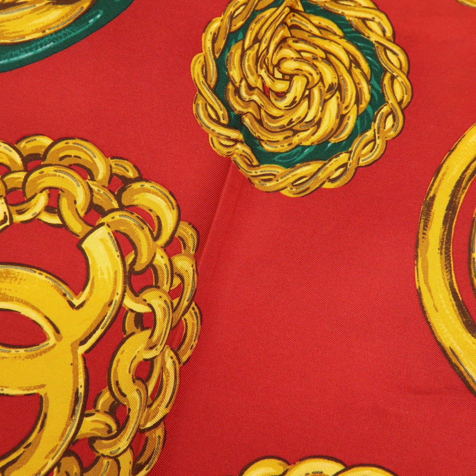 CHANEL COCO Mark Silk 100% Scarf Red Gold Multicolor