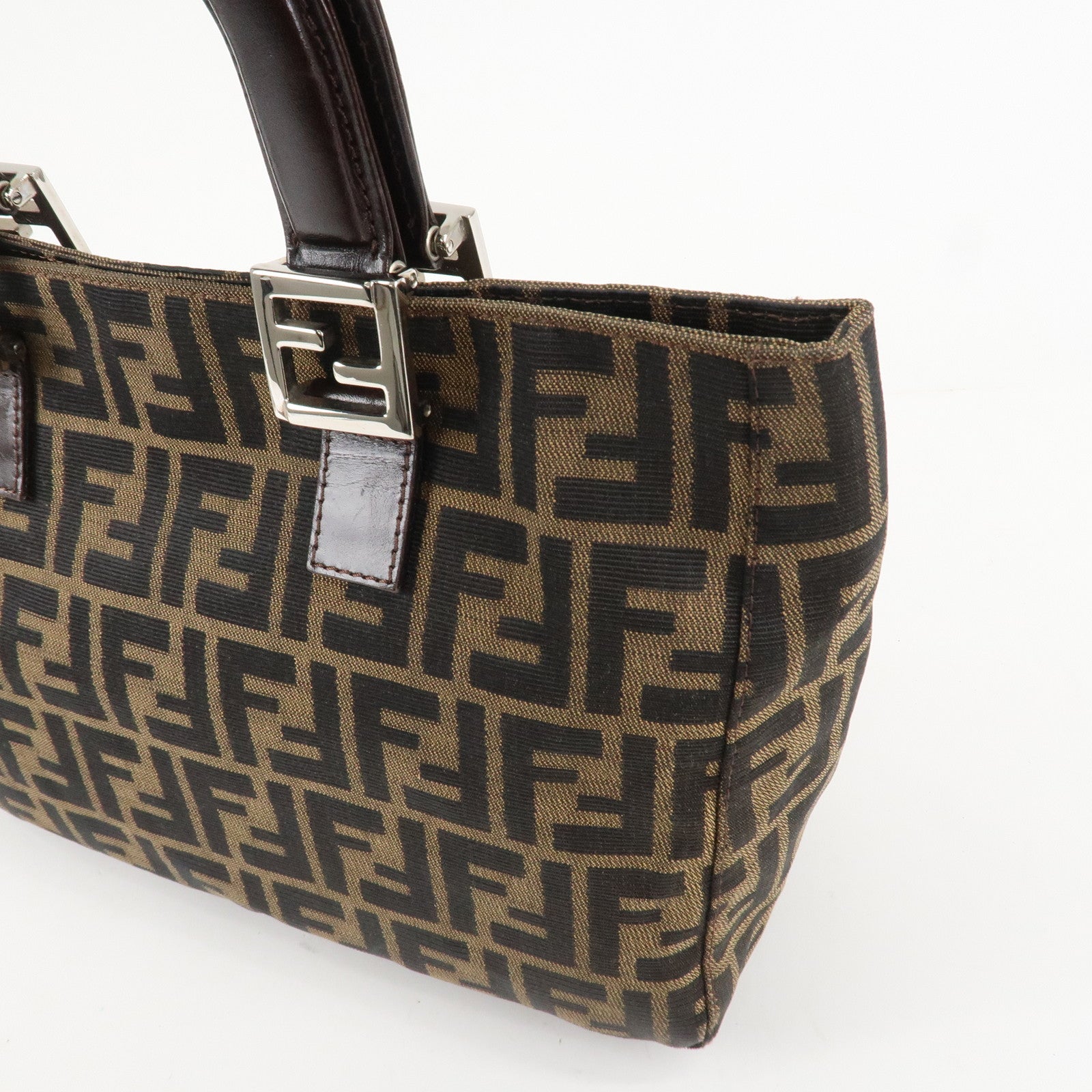 FENDI Zucca Canvas Leather Tote Bag Hand Bag Black Brown 26693 Used