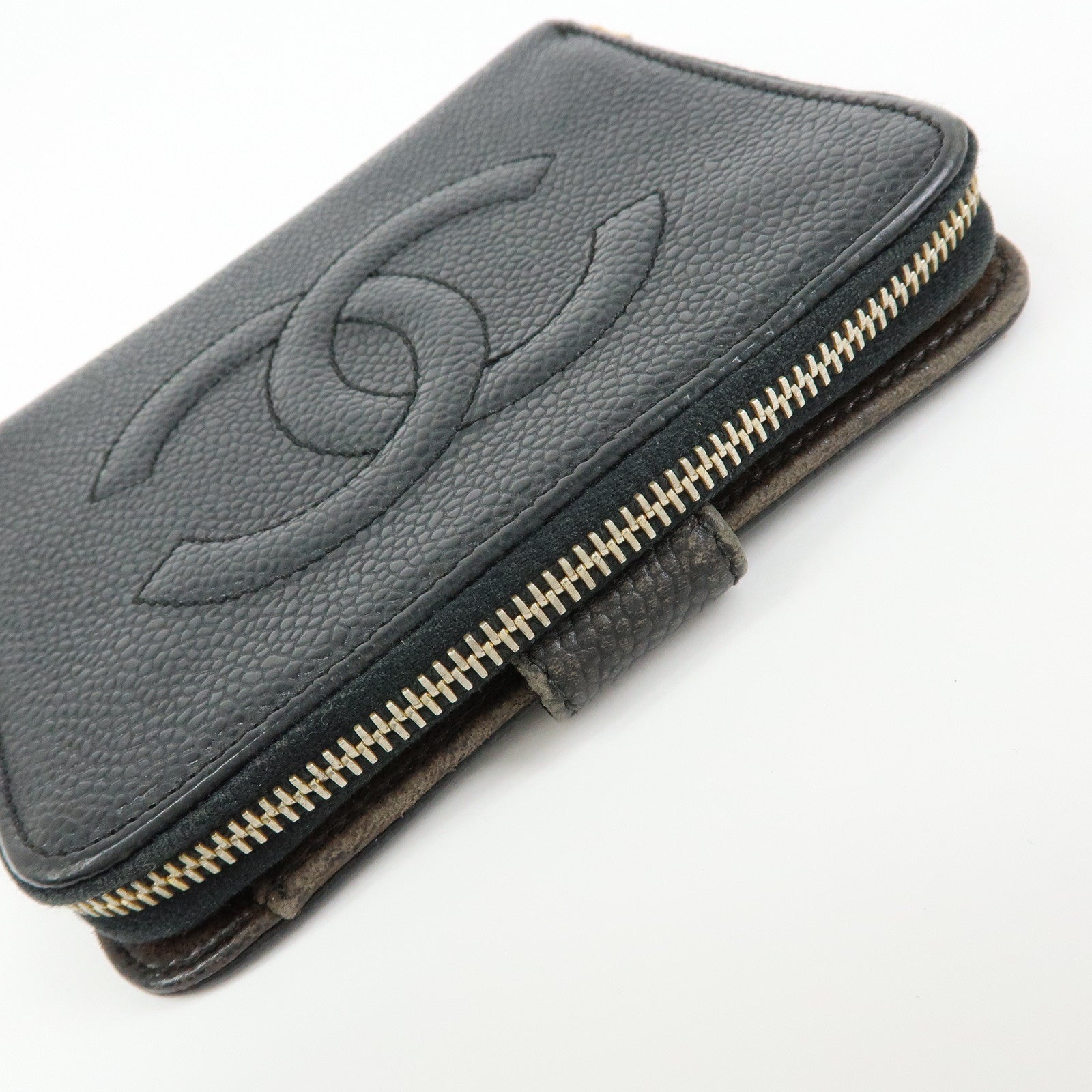 CHANEL COCO Mark Cavairskin Compact Bi-Fold Wallet Black