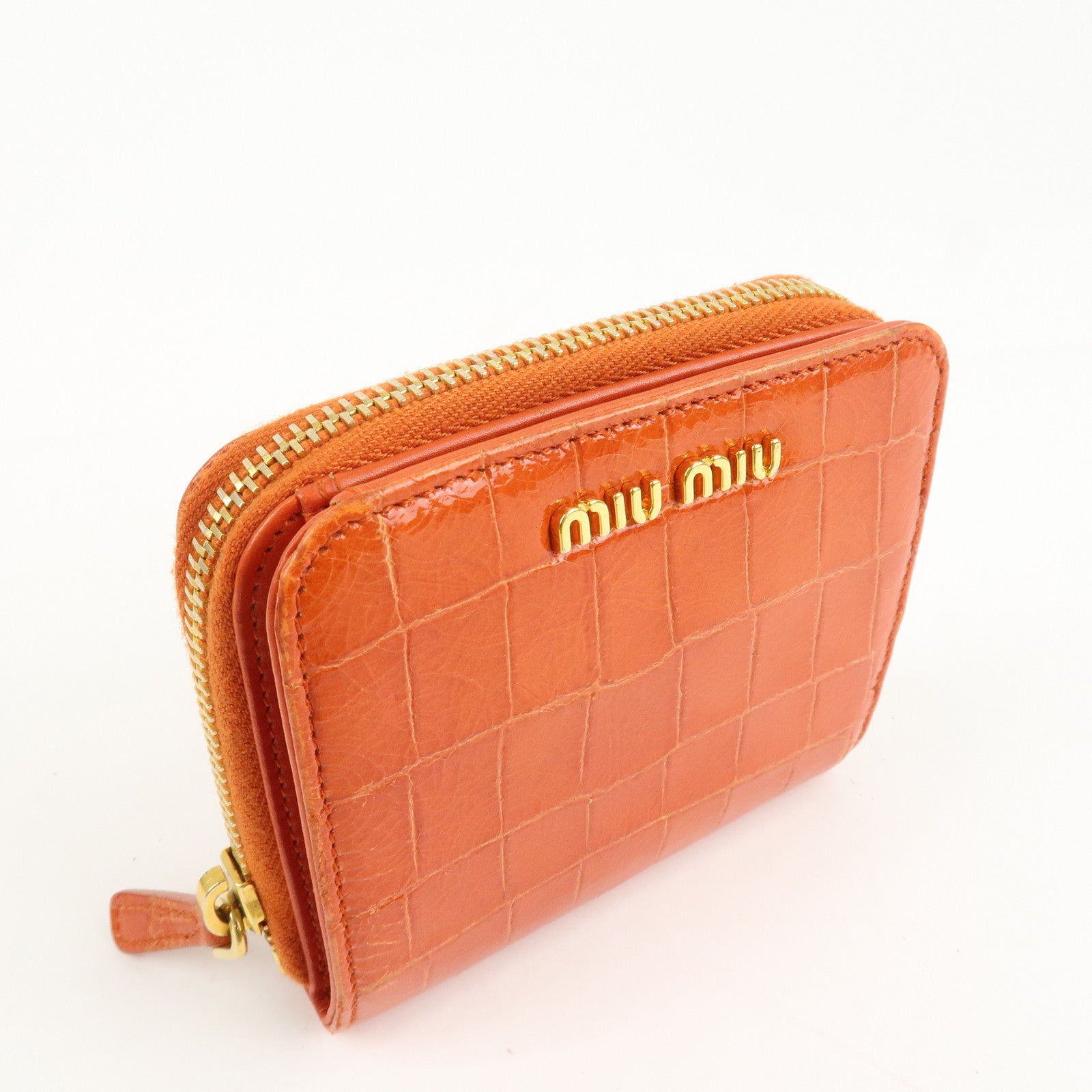 MIU MIU Leather Bi-Fold Wallet Compact Wallet Orange Gold Hardware Used