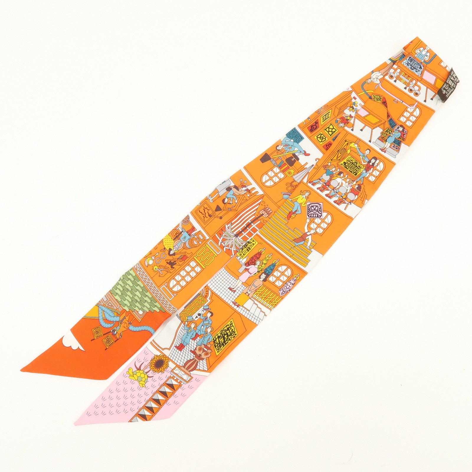 HERMES Twilly Silk 100% La Maison Des Carres Scarf Orange Pink