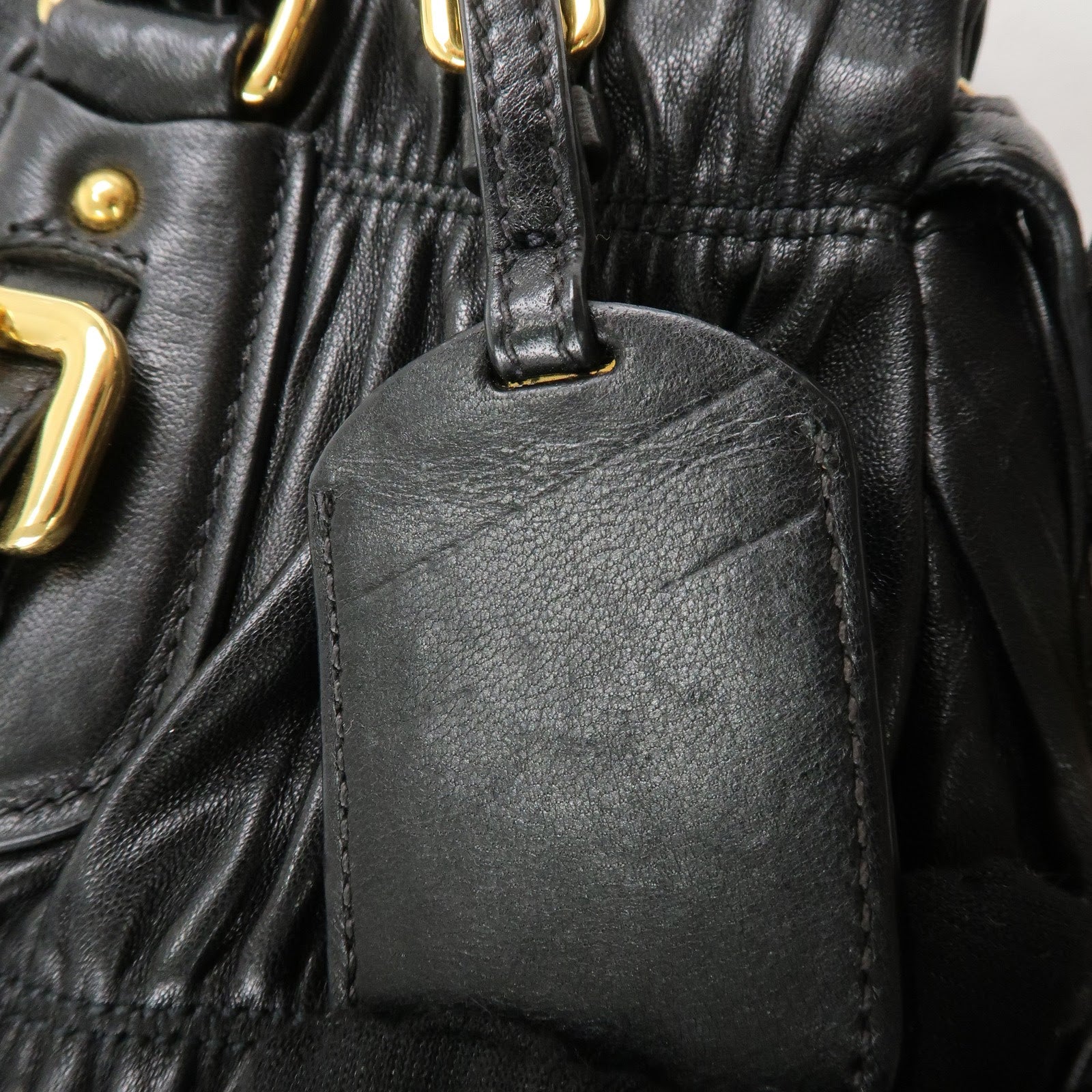 PRADA Logo Leather 2WAY Tote Bag Hand Bag Black Gold HDW B11091 Used