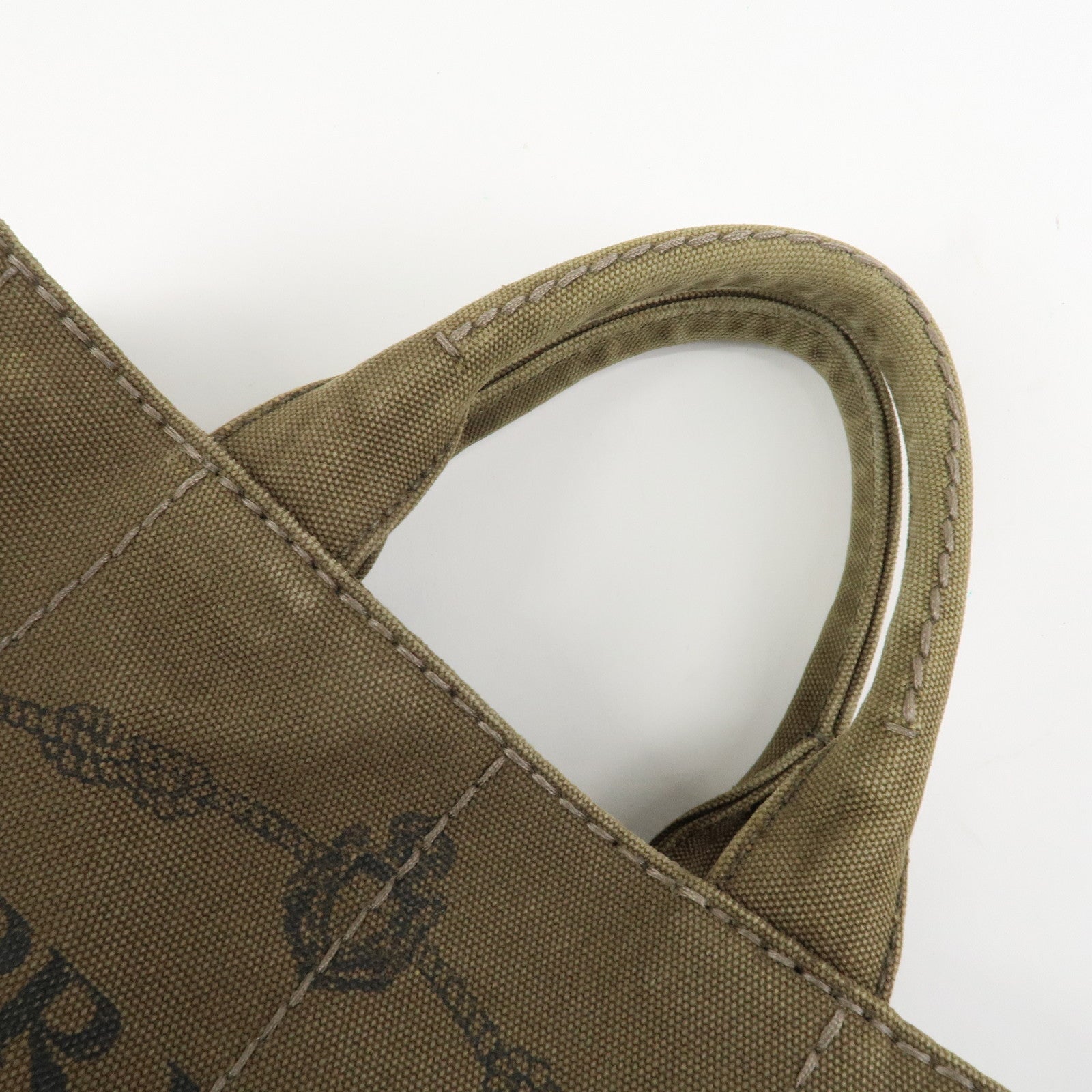 PRADA Logo Canapa Mini Canvas Tote Bag Hand Bag Khaki BN2439 Used