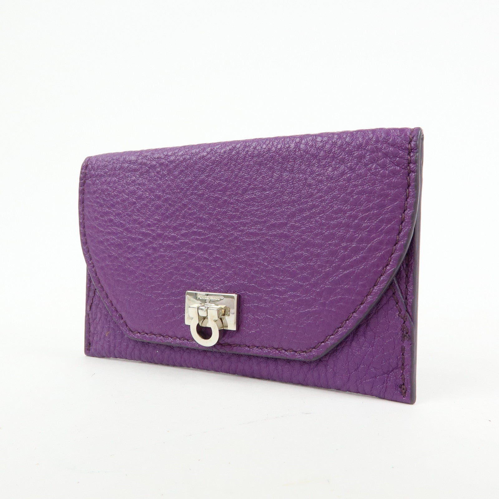Ferragamo Gancini Leather Flap Button Card Case Purple Silver