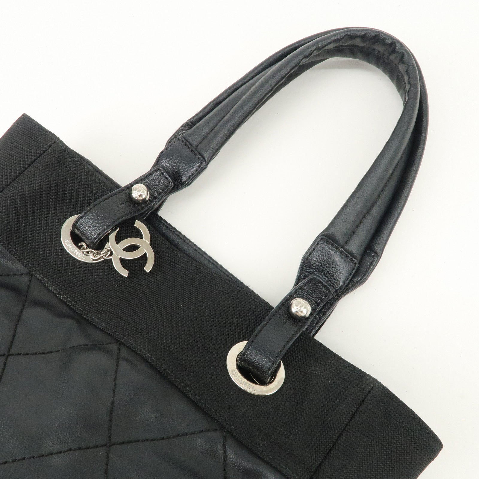 CHANEL Paris Biarritz PM Coated Canvas Leather Tote Bag Black A34208 Used