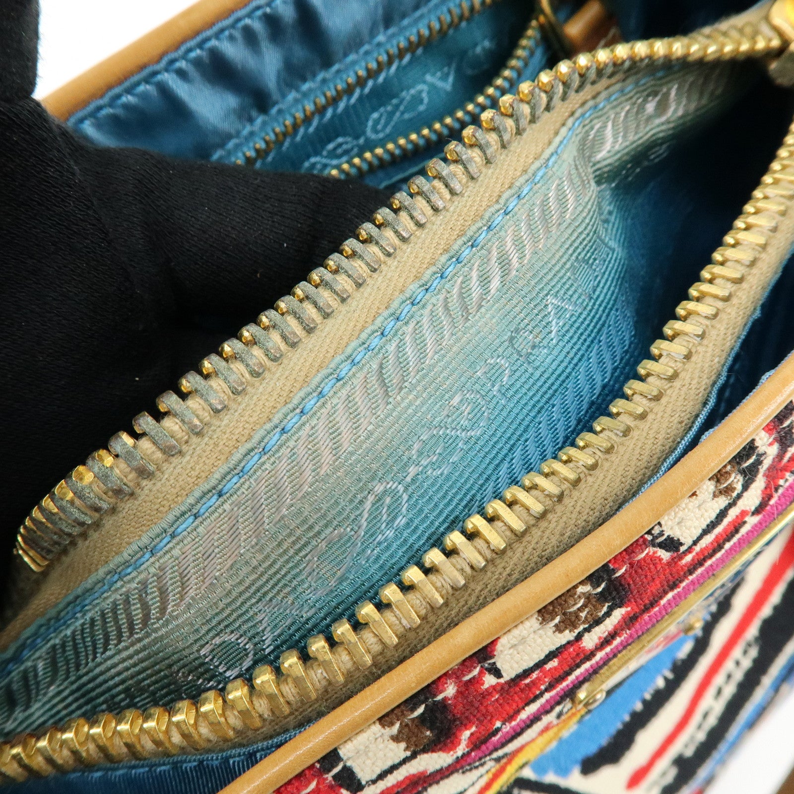PRADA Triangle Logo Canvas Leather Hand Bag Light Brown Blue