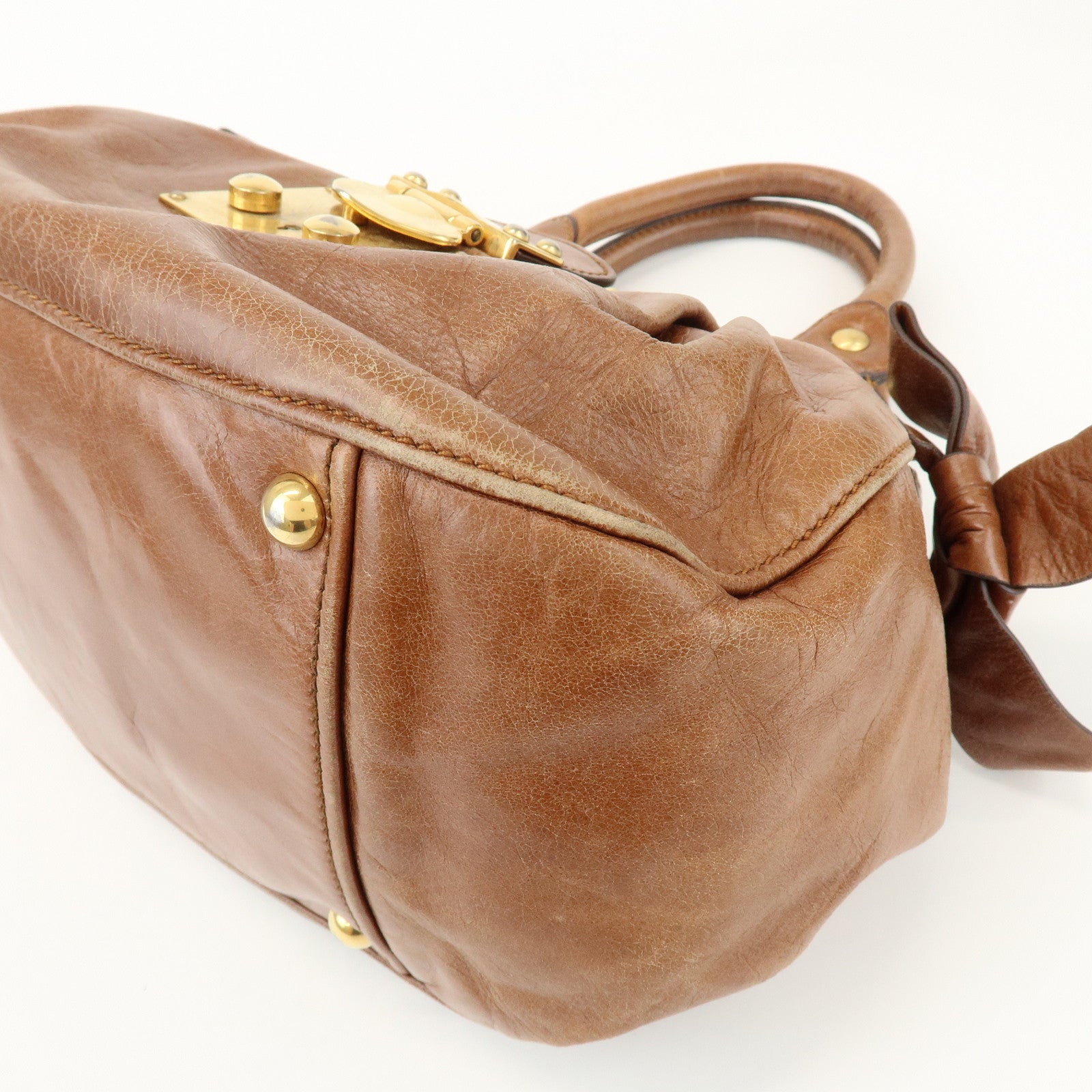 MIU MIU Leather Side Ribbon 2Way Shoulder Bag Hand Bag Brown RN0686