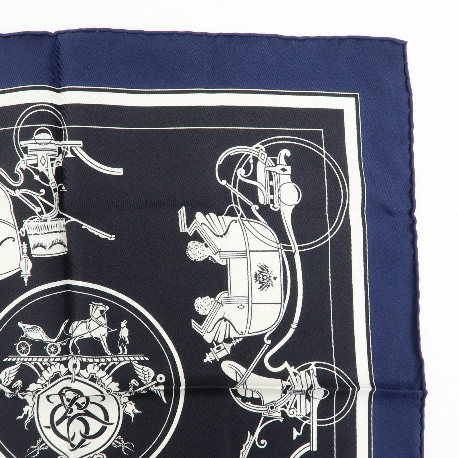 HERMES Carre 42 Silk 100% Ex-Libris Fringe Scarf Black Navy